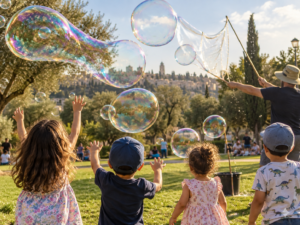 משתתפים יוצרים בועות סבון גדולות באוויר הפתוח