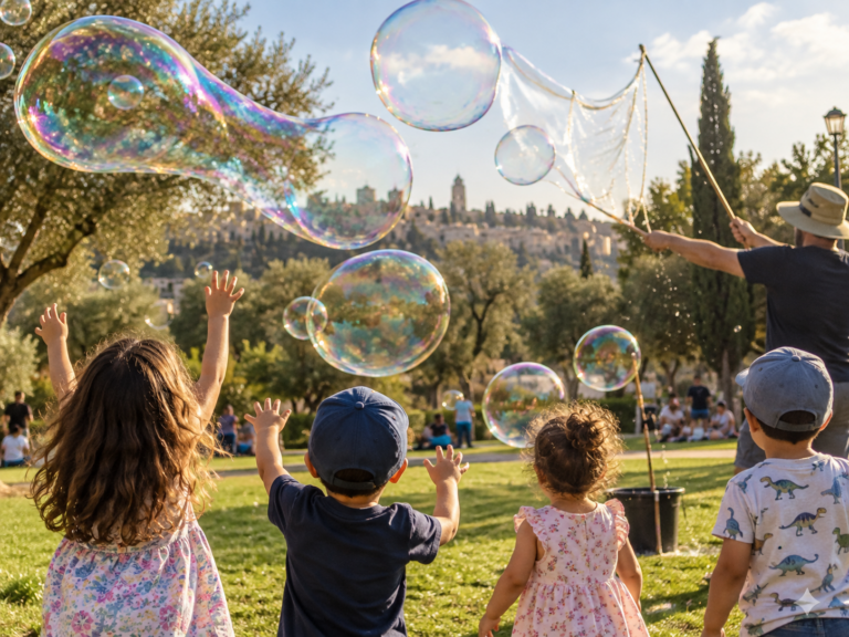משתתפים יוצרים בועות סבון גדולות באוויר הפתוח