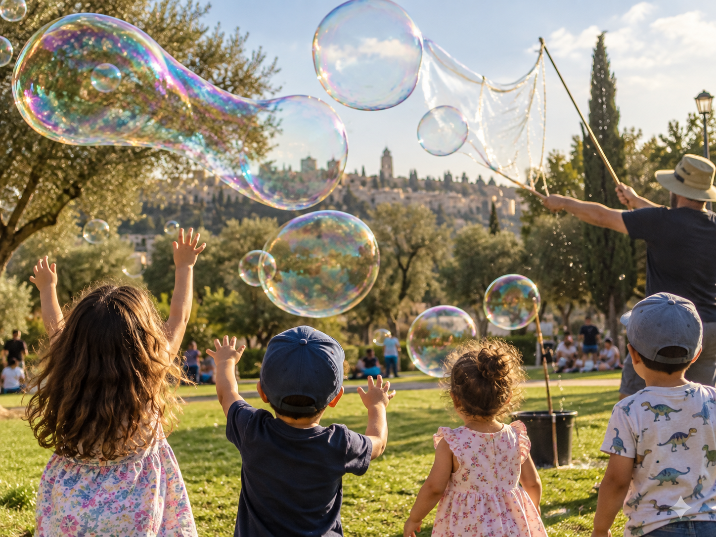 משתתפים יוצרים בועות סבון גדולות באוויר הפתוח