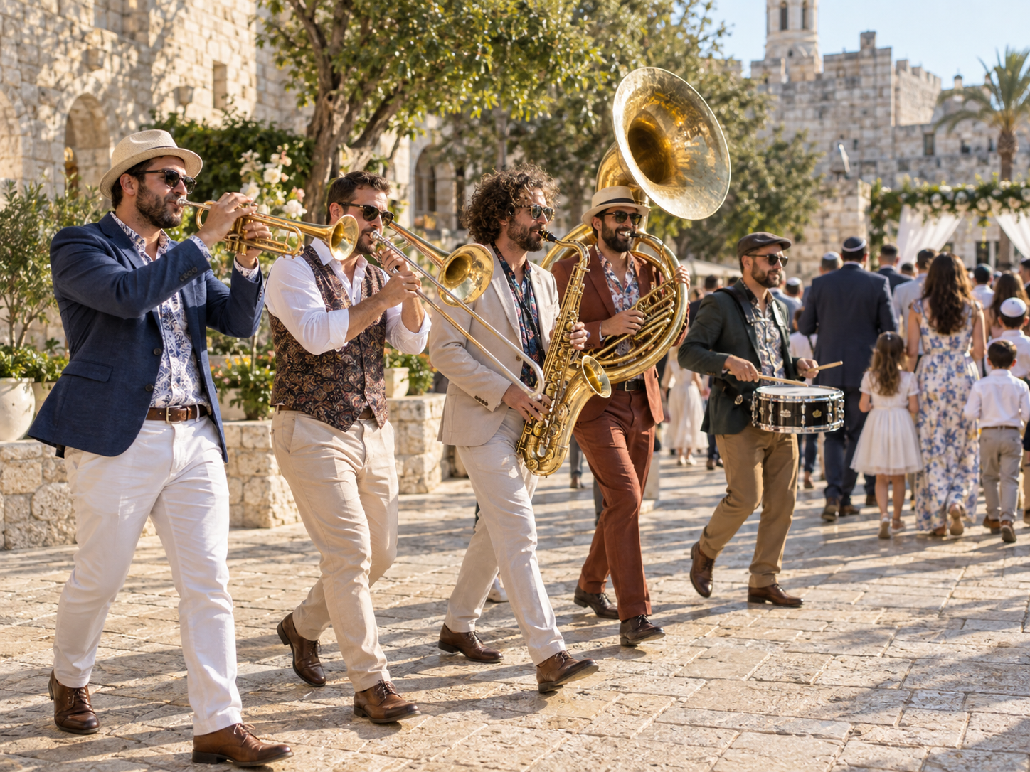 נגני כלי נשיפה ותופים מובילים תהלוכה