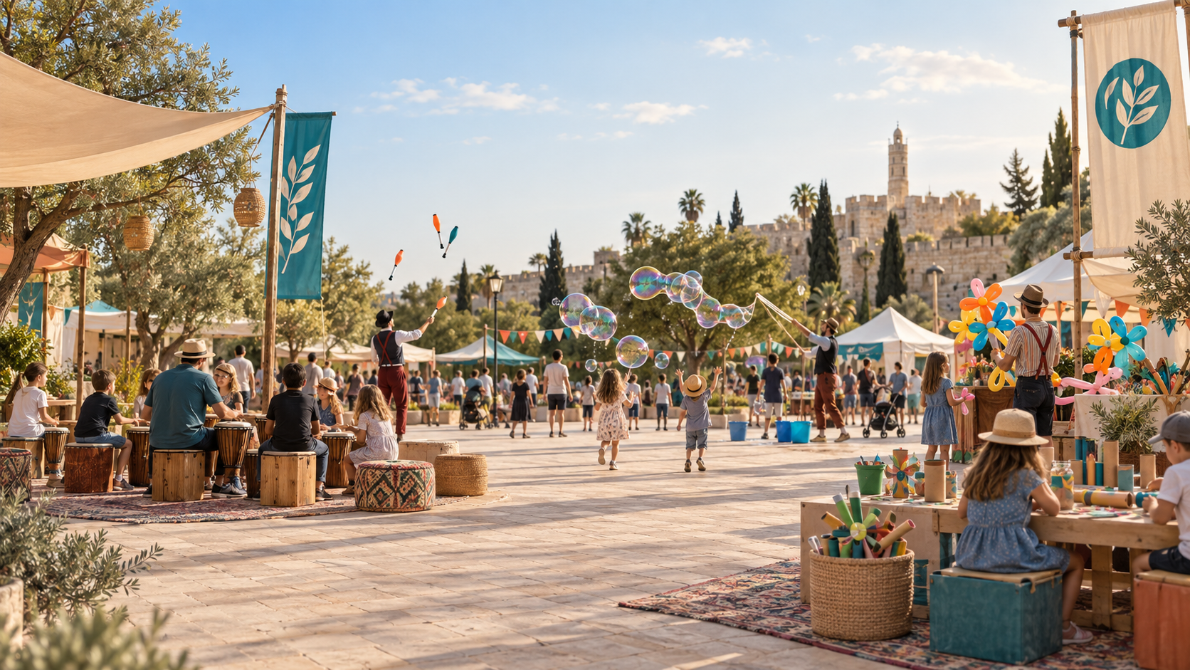 מתחם הפנינג עם תחנות משחק, יצירה ומוזיקה