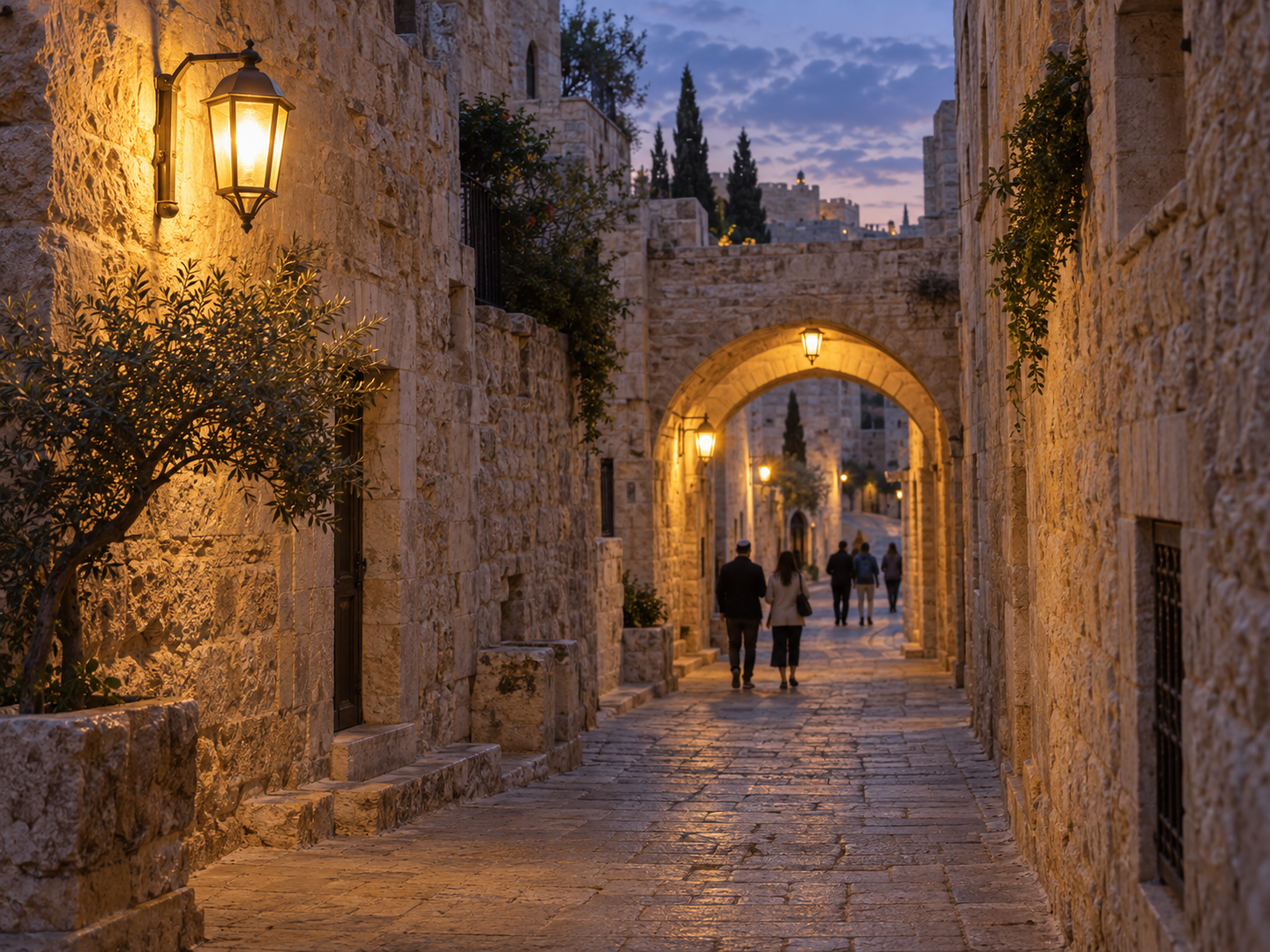 סמטת אבן מוארת בשעת ערב — תמונת המחשה